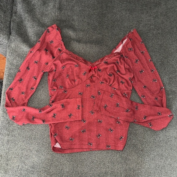 Aeropostale Red Puff Sleeve Blouse with Ruched Tie Front - Picture 1 of 5